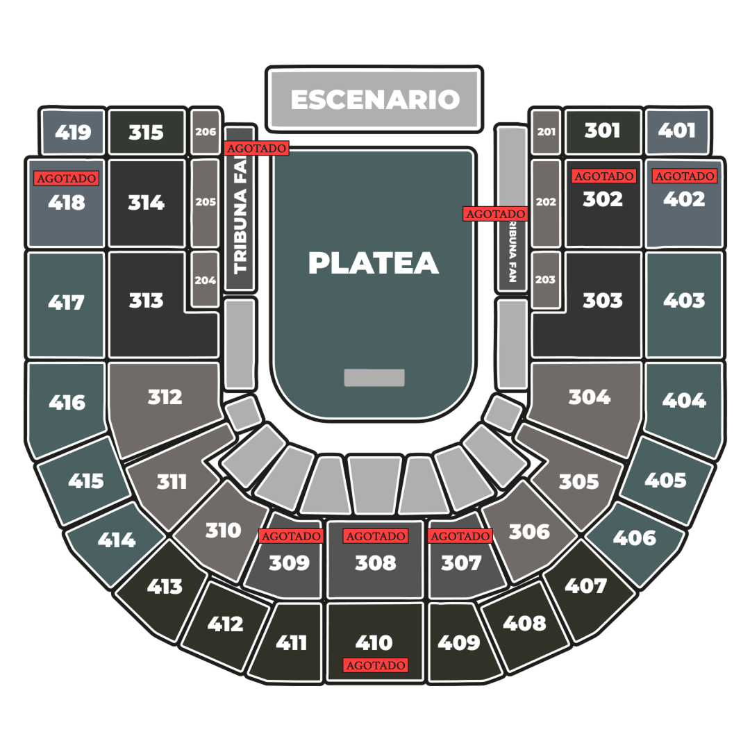 Plano del DAVIarena para Beéle: escenario, platea de admisión general al centro, Tribuna Fan a los lados, piso 3 y piso 4 con sus sectores; varios sectores marcados como agotados.