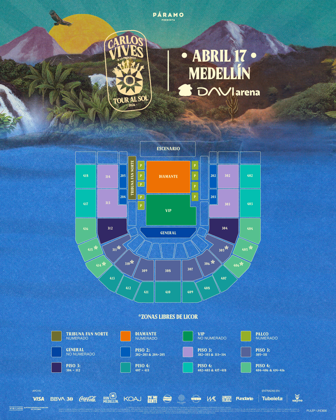 Plano del DAVIarena para Carlos Vives: escenario, Diamante, VIP y General al centro, palcos y Tribuna Fan Norte a los costados, piso 2, piso 3 y piso 4 con sus sectores por color.