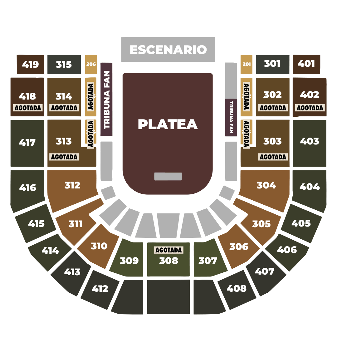 Plano del DAVIarena para Martin Garrix: escenario, platea de admisión general al centro, Tribuna Fan y Primavera Lounge (201 a 206) a los costados, piso 3 y piso 4 con sus sectores por color y las localidades agotadas marcadas.