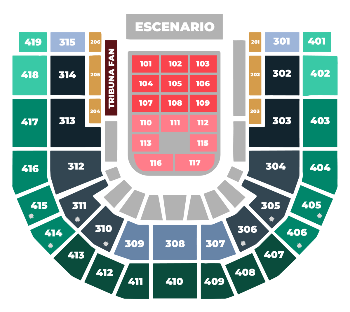 Plano del DAVIarena para Rubén Blades: escenario, platea 101 a 117 al centro, Tribuna Fan y Primavera Lounge (201 a 206) a los costados, piso 3 y piso 4 con sus sectores por color.