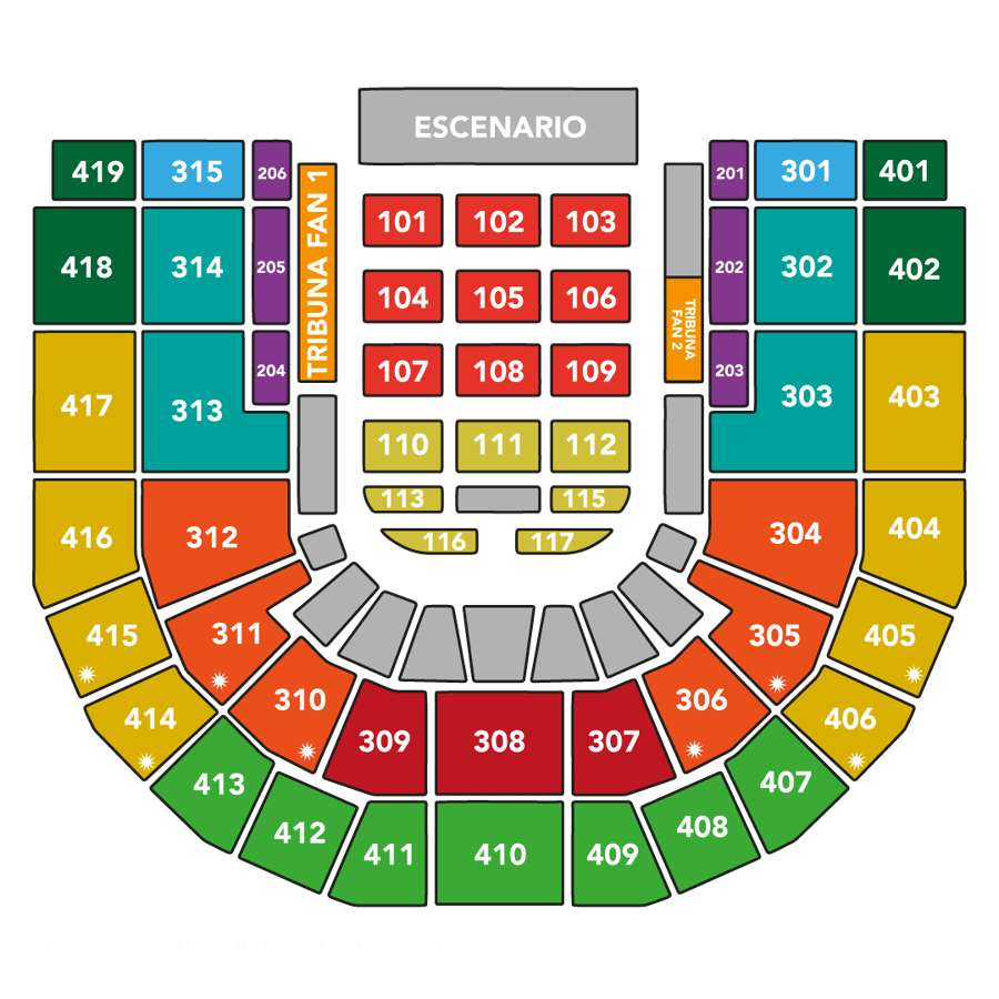 Plano oficial del DAVIarena para Juanes: escenario, platea numerada al centro, Tribuna Fan y Primavera Lounge a los costados, piso 3 con los sectores 301 a 315 y piso 4 con los sectores 401 a 419.