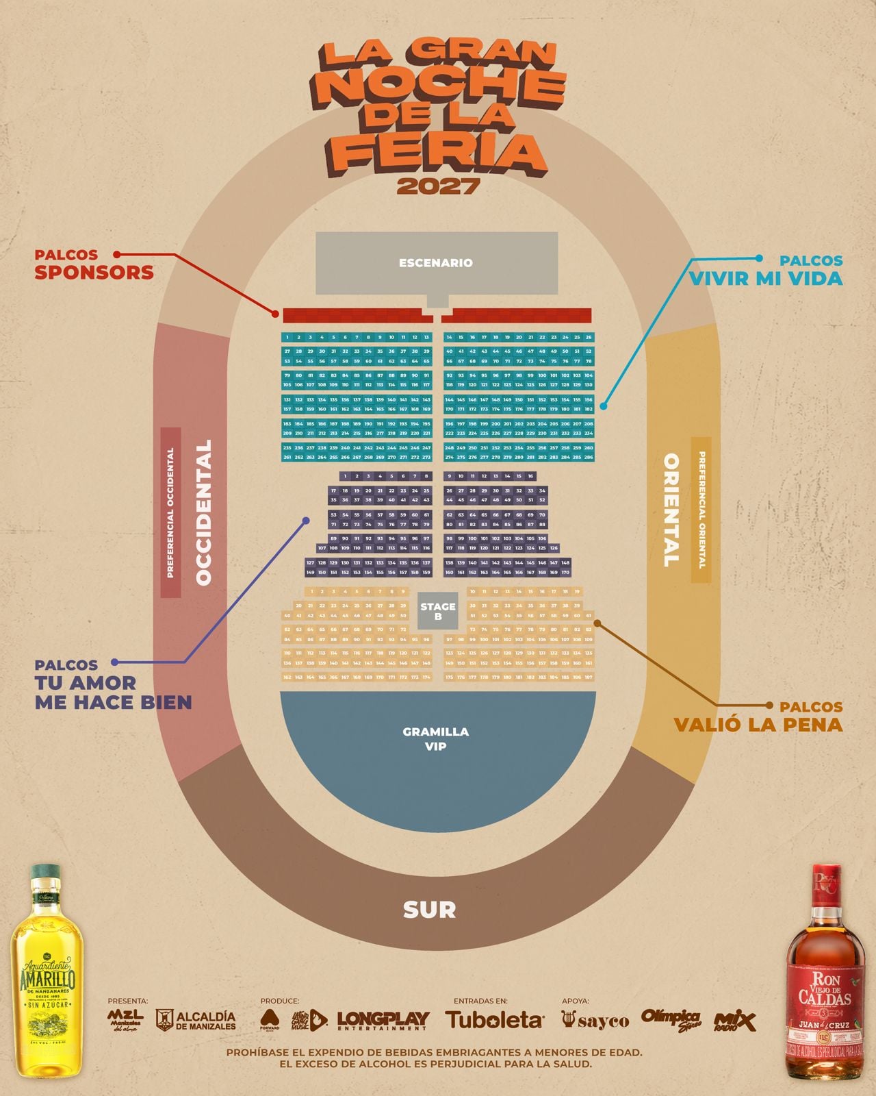 Plano del Estadio Palogrande para La Gran Noche de la Feria: escenario y Stage B; frente al escenario los palcos Sponsors, Vivir Mi Vida (1 a 286), Tu Amor Me Hace Bien (287 a 456) y Valió La Pena (457 a 643); después la Gramilla VIP; a los lados las tribunas Occidental y Oriental con sus zonas preferenciales, y al fondo la tribuna Sur.