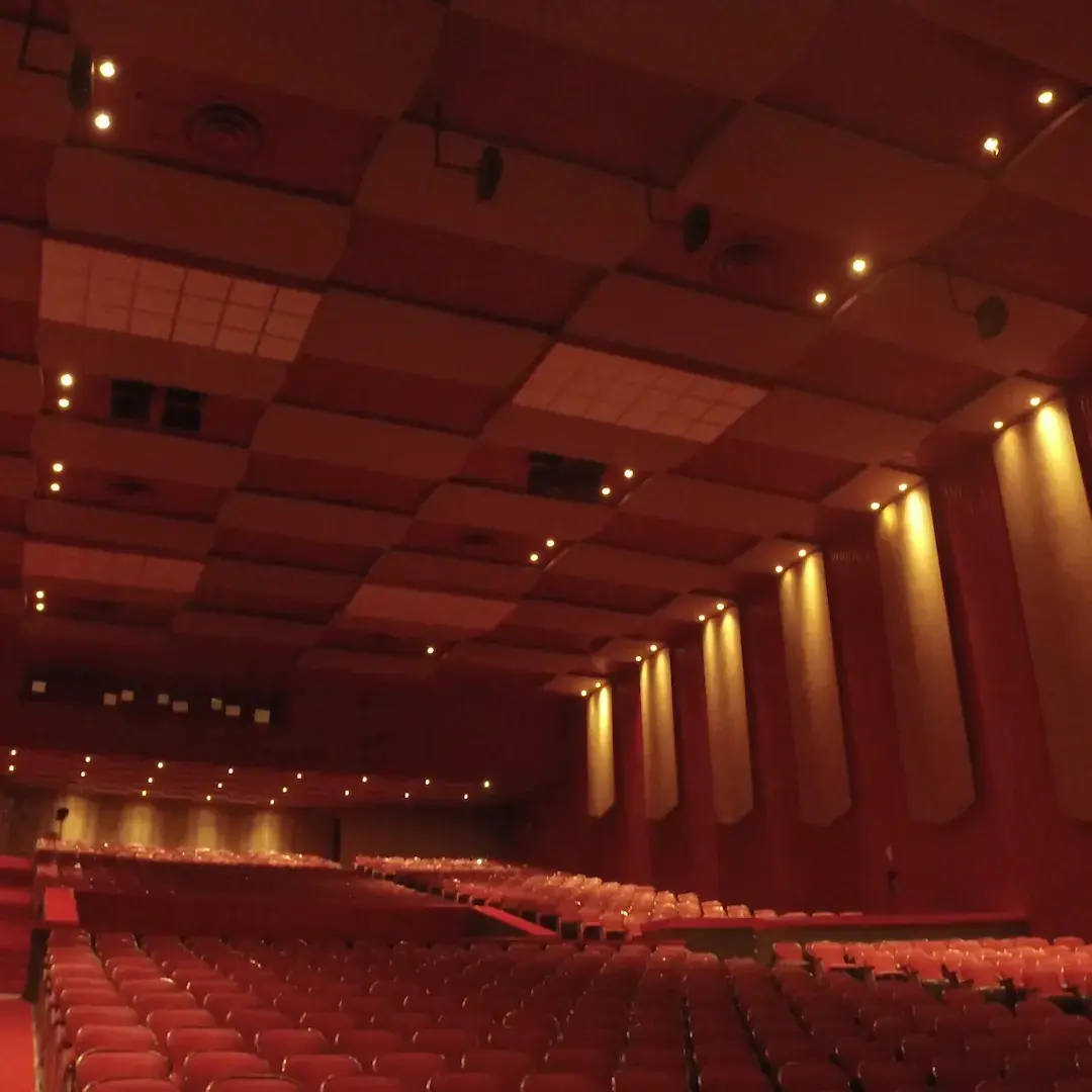 Sala del Teatro Calima: platea de sillas rojas bajo un techo de paneles de madera.
