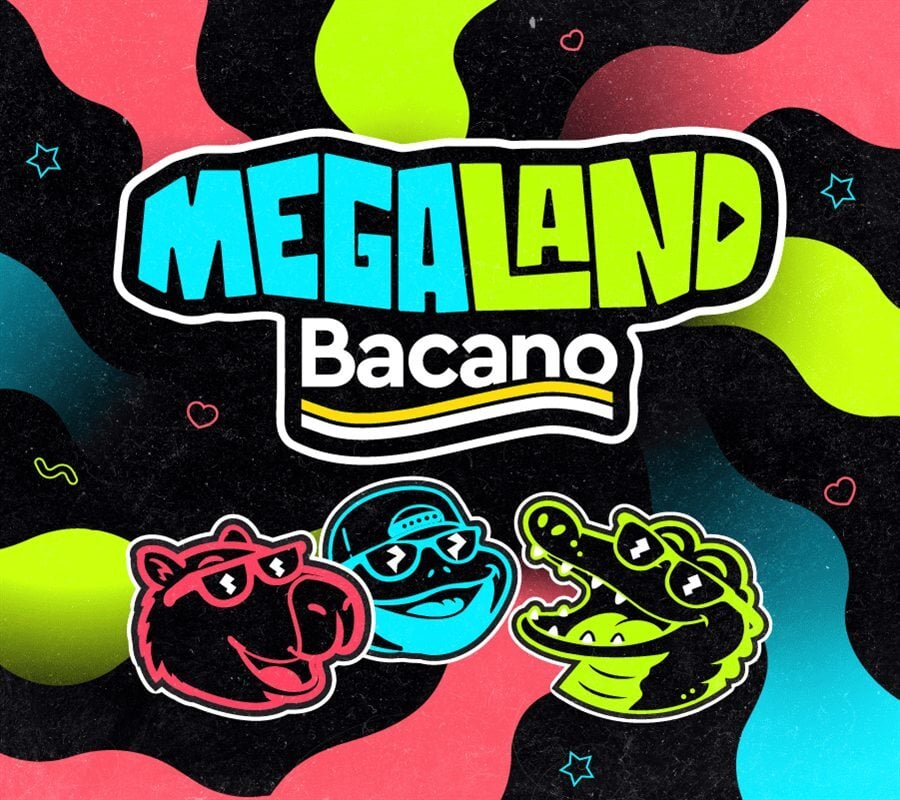 MEGALAND Bacano: el logo del festival con el capibara, el sapo y el caimán de gafas oscuras sobre ondas lima, coral y cian