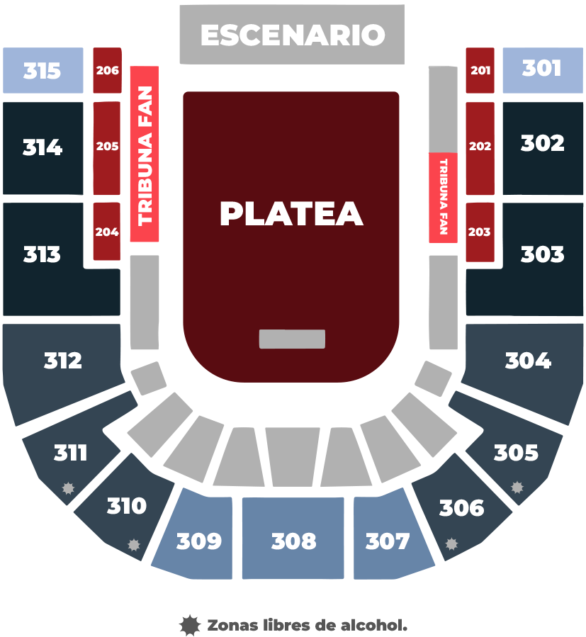 Plano del DAVIarena para Kris R: escenario, platea de admisión general al centro, Tribuna Fan y Primavera Lounge (201 a 206) a los costados y piso 3 con los sectores 301 a 315.
